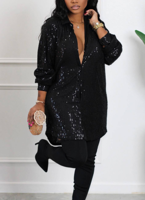 Autumn Solid Color Sequined Loose Shirt Dress