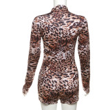 Round Neck Long Sleeve Sexy Leopard Print Tight Slim Fit Jumpsuit