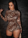 Round Neck Long Sleeve Sexy Leopard Print Tight Slim Fit Jumpsuit