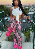 Pink Camouflage High Waist Slim Fit Street Fashion Bootcut Trousers