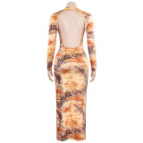 Sexy Round Neck Printed Backless Slim Fit Hip-hugging Dress