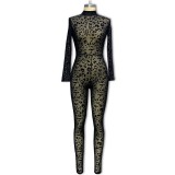 Sexy Slim Long-sleeved Flocked See-through sSlimming Jumpsuit