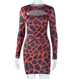 Round Neck Hollow Printed Hip-hugging Long-sleeved Dress
