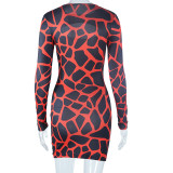Round Neck Hollow Printed Hip-hugging Long-sleeved Dress
