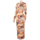 Sexy Round Neck Printed Backless Slim Fit Hip-hugging Dress
