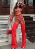 Ethnic Printed Long-sleeved Crop Top and Straight Trousers Suit
