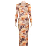 Sexy Round Neck Printed Backless Slim Fit Hip-hugging Dress