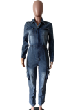 Light Blue Fashionable Washed High Elastic Long-Sleeved Jumpsuit