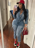 Light Blue Fashionable Washed High Elastic Long-Sleeved Jumpsuit