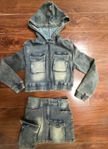 Stretch Denim Hooded Jacket 3D Pocket Skirt Two-Piece Set