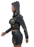 Stretch Denim Hooded Jacket 3D Pocket Skirt Two-Piece Set
