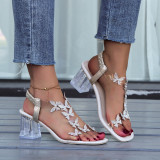 Large Size Rhinestone Butterfly Sandals New Style Square Head Crystal Thick Heel Transparent High Heels