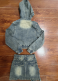 Stretch Denim Hooded Jacket 3D Pocket Skirt Two-Piece Set