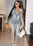 New Autumn Denim Long-Sleeved Fashionable Stretch Trousers Two-Piece Suit