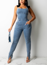 Casual Fashion Slim Backless Bandage Denim Jumpsuit