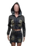 Stretch Denim Hooded Jacket 3D Pocket Skirt Two-Piece Set