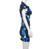 Fashionable Retro Print Fake Two Piece Hollow Hip Cover Dress