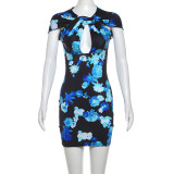 Fashionable Retro Print Fake Two Piece Hollow Hip Cover Dress
