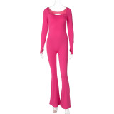 Solid Color U-neck Long-sleeved Backless Fleece Sports Jumpsuit