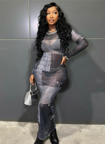 3D Printed Denim Round Neck Slim Fit Hip-hugging Dress