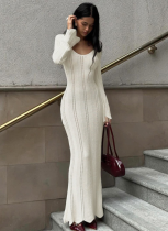 Fashionable U-neck Slim-fitting Woolen Dress