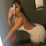 Sexy Hollow Backless Zippered Furry Strappy Hip-hugging Dress