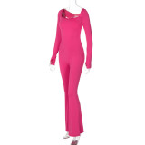 Solid Color U-neck Long-sleeved Backless Fleece Sports Jumpsuit