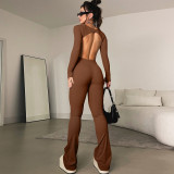 Solid Color U-neck Long-sleeved Backless Fleece Sports Jumpsuit