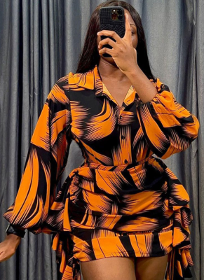 Plus Size Suit Short Skirt Puff Sleeve Two Piece Set