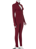 Solid Color Stand Collar Cardigan Tight Pants Casual Yoga Suit Two-Piece Set