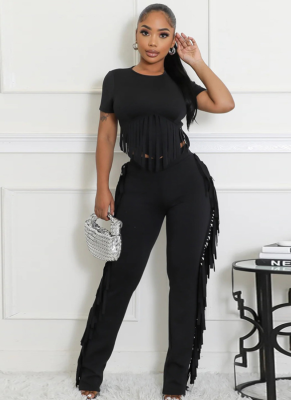 Fashion Round Neck Top Slim Fit Trousers Tassel Two Piece Suit