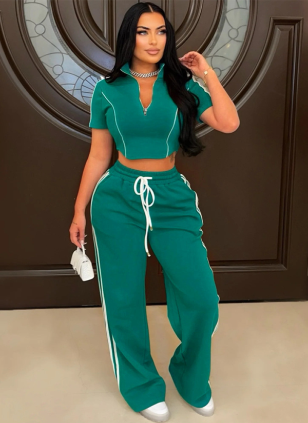 Fashion Casual Zipper Short Top Loose Trousers Two-Piece Set