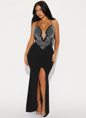 Sleeveless High Slit Rhinestone See-Through Party Dress