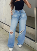 High-Rise Wide-Leg Ripped Non-Stretch Straight-Leg Jeans