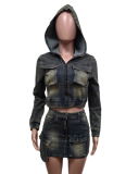 Fashionable Stretch Denim Hooded Skirt Suit