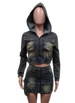 Fashionable Stretch Denim Hooded Skirt Suit