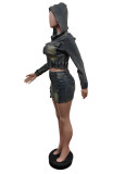 Fashionable Stretch Denim Hooded Skirt Suit
