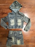 Fashionable Stretch Denim Hooded Skirt Suit