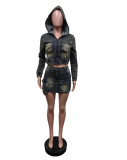 Fashionable Stretch Denim Hooded Skirt Suit