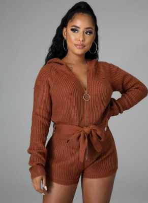 Fashionable and Sexy Long Zipper Hooded Sweater Jumpsuit