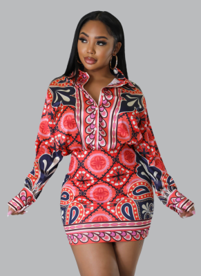 Casual Printed Shirt Long-sleeved Sexy Hip-hugging Skirt Two-piece Set
