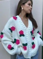Loose Three-dimensional Floral Knitted Cardigan Sweater Jacket