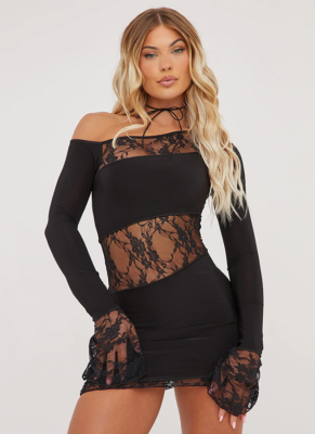 Sexy Off-shoulder Long-sleeved Lace Short Dress