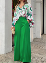 Casual Printed Shirt and Elegant Wide-leg Pants Suit