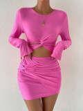 Fashionable Long-sleeved Elastic Waistband Hip Skirt Two-piece Set