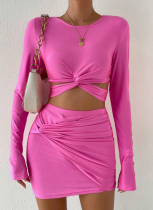 Fashionable Long-sleeved Elastic Waistband Hip Skirt Two-piece Set
