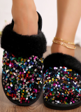 Fashionable Toe Sequined Flat Fur Slippers