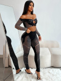 Sexy Quilted One-shoulder Crop Top and Slim Pants Knitted Suit