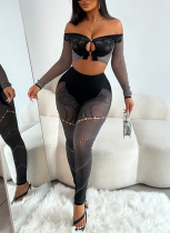 Sexy Quilted One-shoulder Crop Top and Slim Pants Knitted Suit
