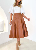 New High-waisted Mid-length Pleated Leather Skirt